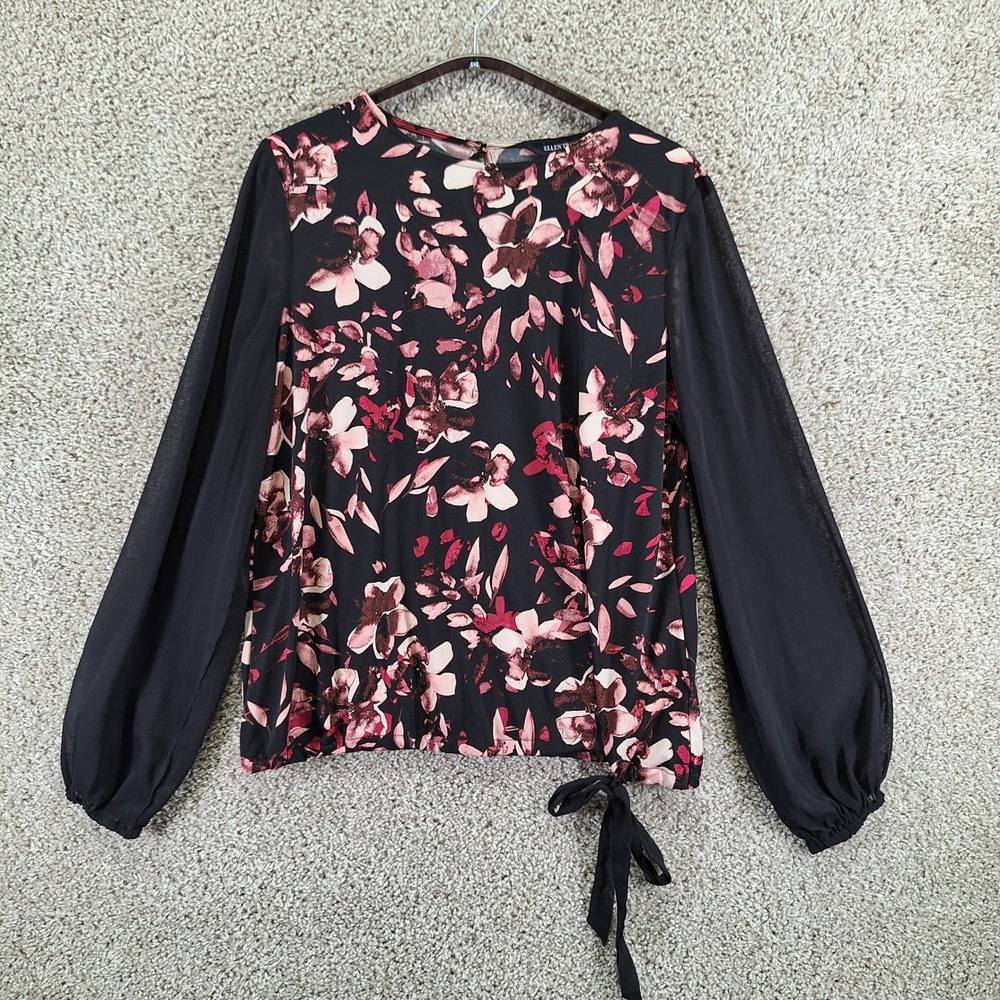 Ellen Tracy Blouse Top Women Large Black Red Floral Print Sheer Tie Hem Boho